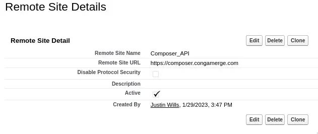 Conga Composer Remote Site Details