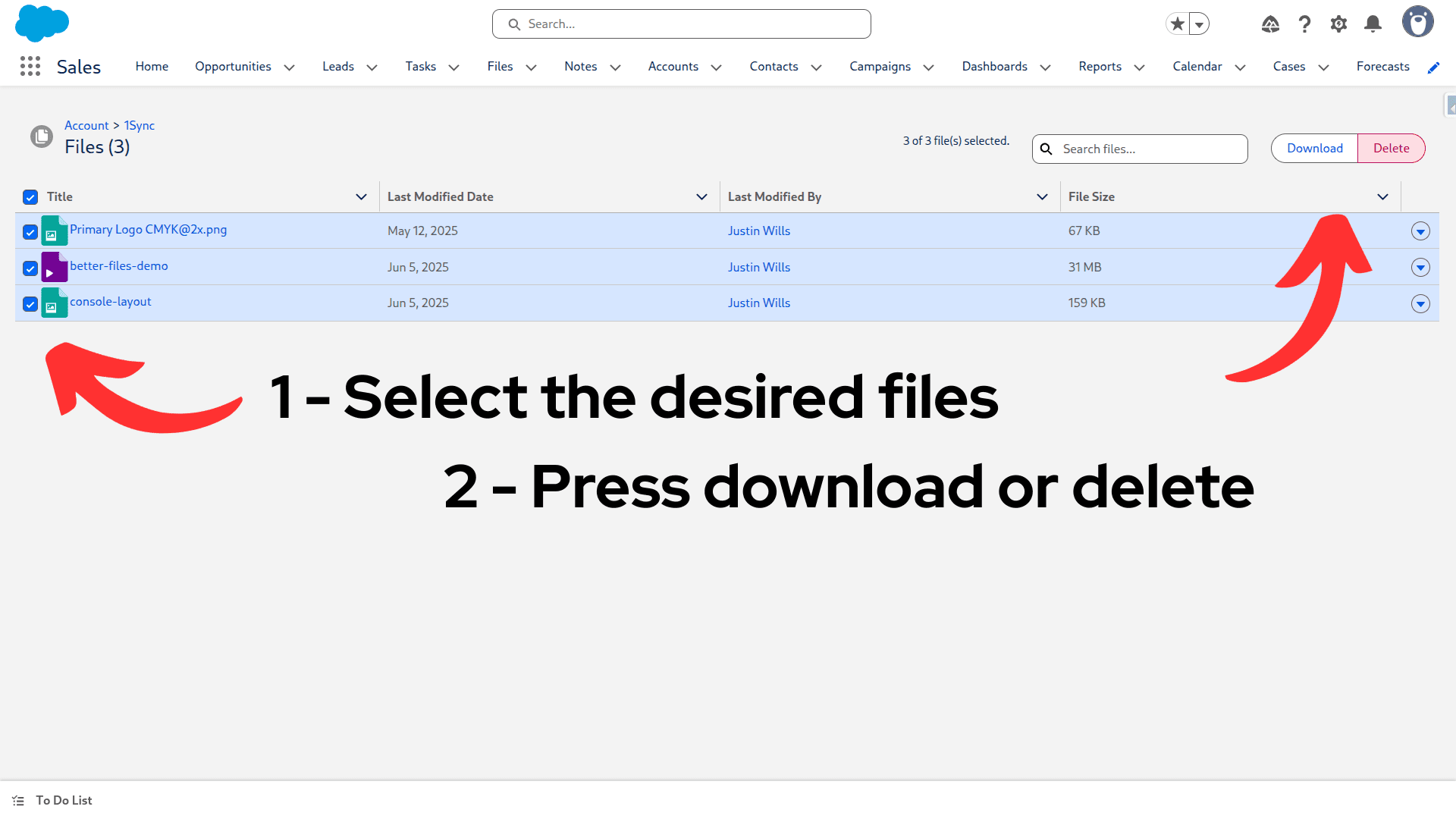 Better Files in Salesforce, with multiple files selected and Download and Delete actions in the toolbar.